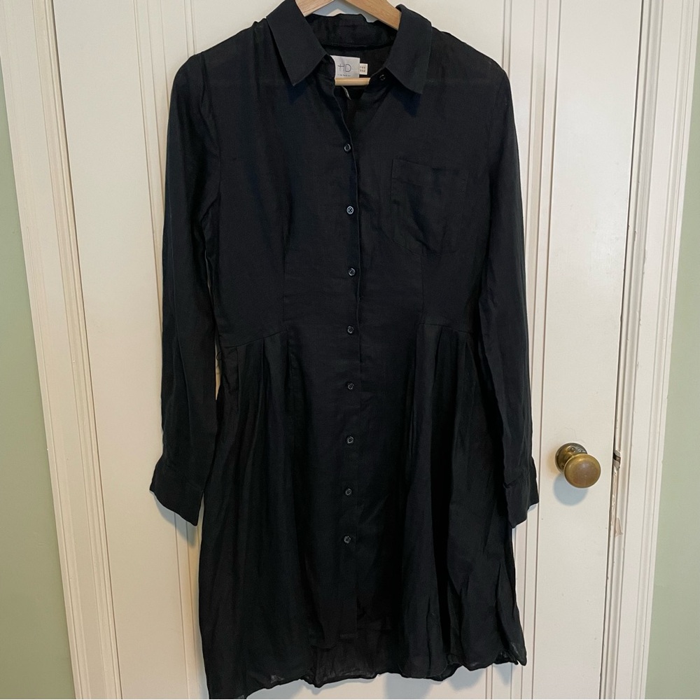 Anthropologie HD in Paris Laila 100% Linen Dress Black Long Sleeve - Picture 2 of 4